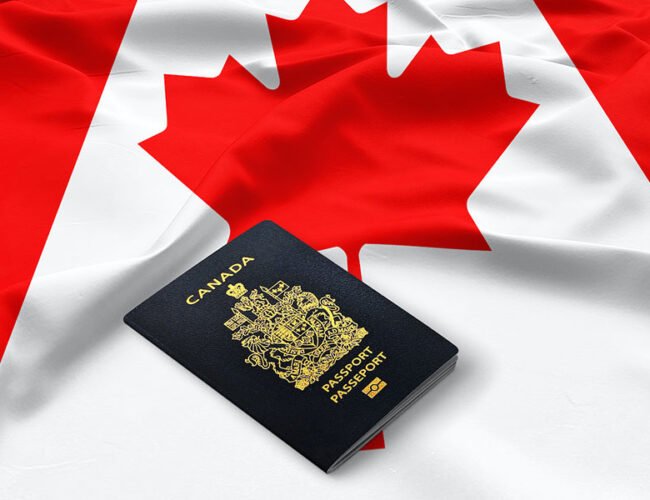 passport of Canada on the top of an satin canadian flag passport